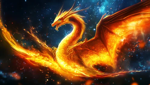 Blazing cosmic dragon unfurls molten wings through stars
