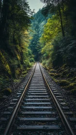 Railway cutting through dense forest corridor at dawn.