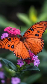Vivid orange butterfly resting on purple garden flowers.