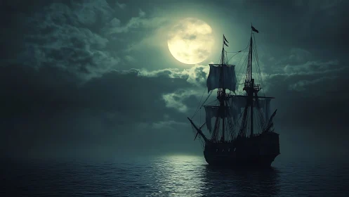 Moonlit tall ship drifting through quiet midnight waters.