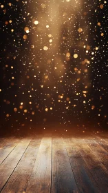 Golden bokeh dust above rustic wooden stage floor.