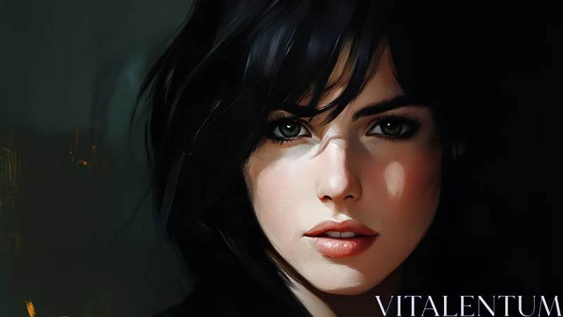 Softly lit digital portrait of a woman with deep green eyes.