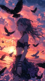 Anime girl amid ravens over burning sunset sea sky.