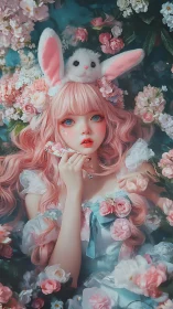 Pink-haired doll-like figure with rabbit ears among flowers.