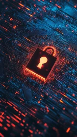 Glowing cyber lock icon secures illuminated digital circuitry