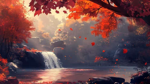 Autumn forest waterfall rendered with atmospheric depth and warm scattering