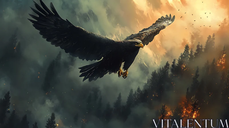 Majestic Eagle Soars Over Forest Fire in Dramatic Digital Art.
