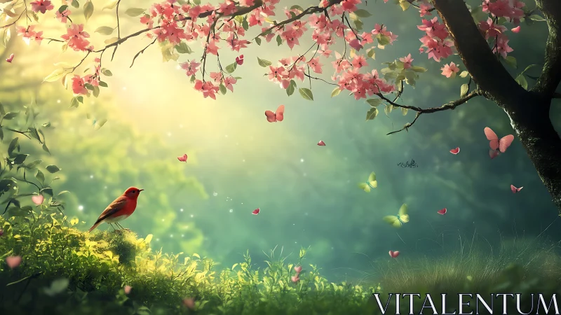 Red bird under cherry blossom tree in dreamy fantasy garden scene.