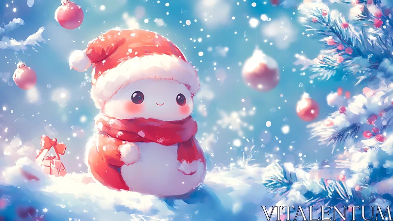Cute snowman in red Santa outfit under snowfall sparkle.
