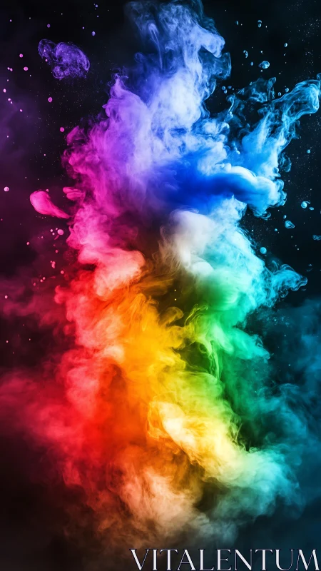 High-saturation multicolor ink diffusion plumes in dark fluid field.