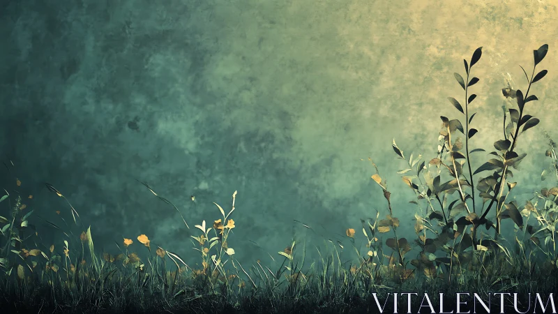 Stylized foreground foliage against textured teal atmospheric backdrop