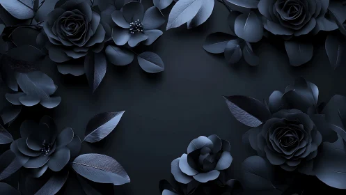 Monochromatic Floral Composition: Layered Black Roses and Petals on Obsidian Surface.