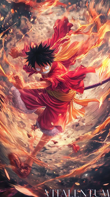 Dynamic anime fighter framed in swirling, high-energy fire vortex