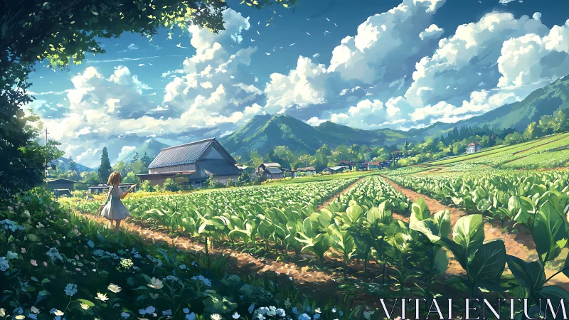 Wide-angle rural farmland vista uses deep perspective and layered clouds