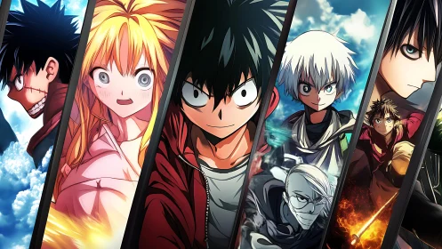 Bold anime heroes gathered in a high-energy character lineup.