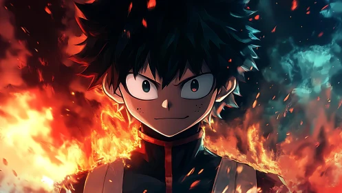 Determined anime hero stands before split fire and smoke glow