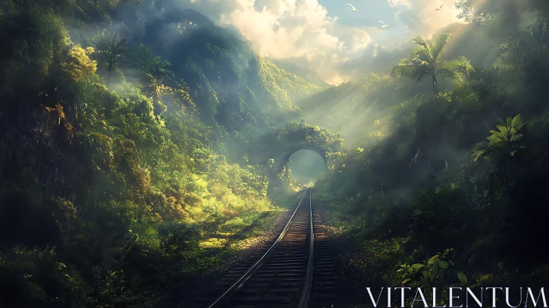 Railway vanishing into misty tropical tunnel with volumetric light