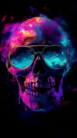 Fluorescent skull with sunglasses in neon vapor field.