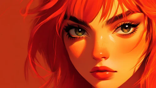 Ember-eyed redhead blazes against molten sunrise hues.