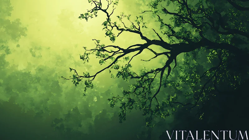 Tranquil tree branch silhouette against glowing green background.