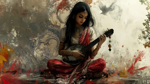 Woman in traditional attire plays string instrument seated