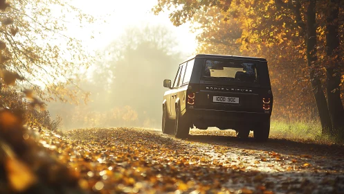 Sunlit vintage SUV unhurriedly sails through golden autumn