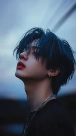 Young person with blue hair gazes upward at dusk sky