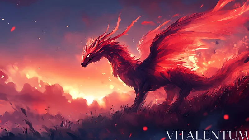 Fiery crimson dragon strides through blazing dusk sky.