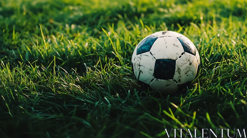 Sunlit soccer ball rests quietly on a lush green field