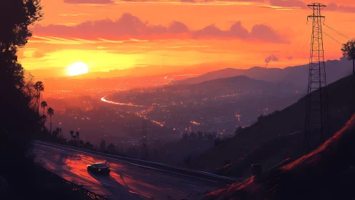 Sunlit highway overlooks glowing valley city at sunset