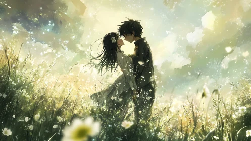 Sunlit meadow embrace with anime couple in soft bloom haze.
