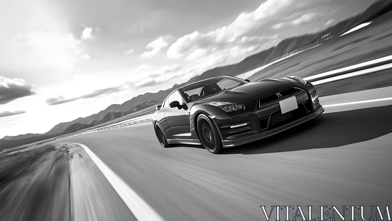 Sleek sports car rushes along a sweeping mountain highway