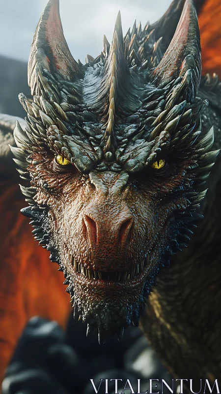 Fierce dragon gazes forward with molten golden eyes