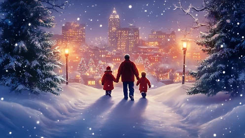 Snow-covered city overlook with family trio in warm backlighting