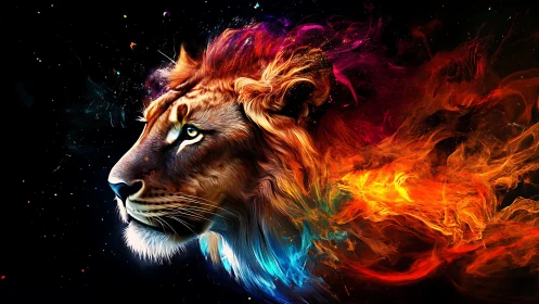 Spectral lion profile with chromatic flame mane on black field