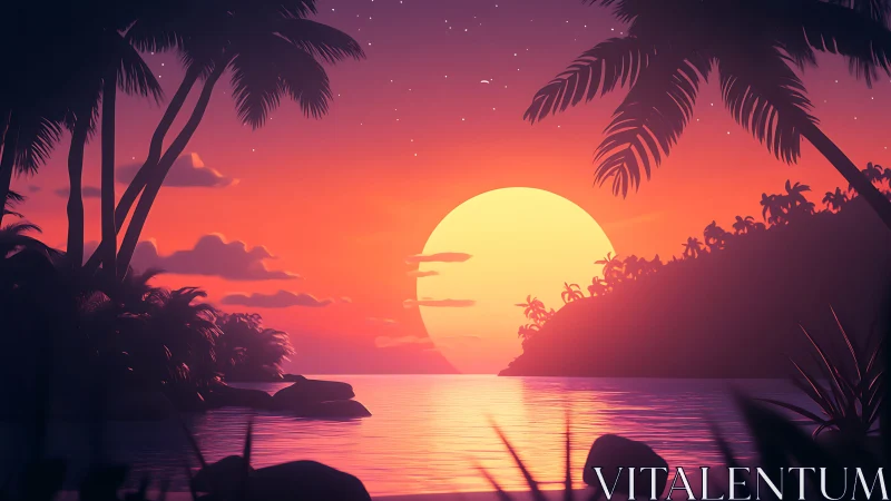 Sunset sphere melts into a neon-touched tropical cove