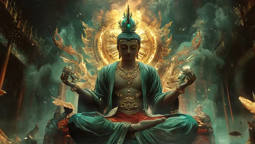 Seated deity figure before radiant circular structure.