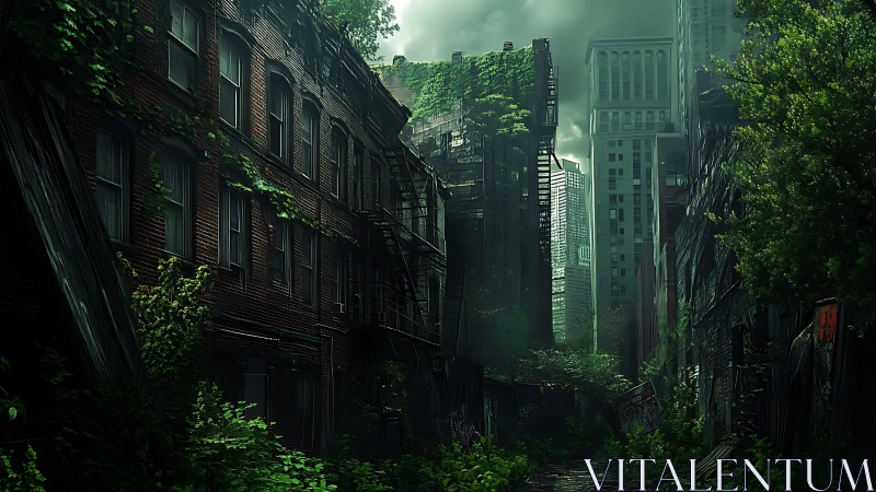 Overgrown abandoned city street with decaying buildings.
