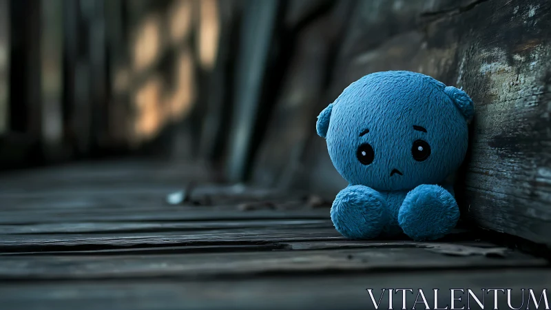Blue plush toy sits on worn wooden surface in soft focus