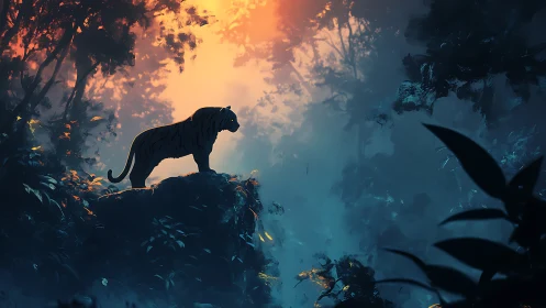 Silhouetted panther positioned on rocky outcrop against atmospheric sky