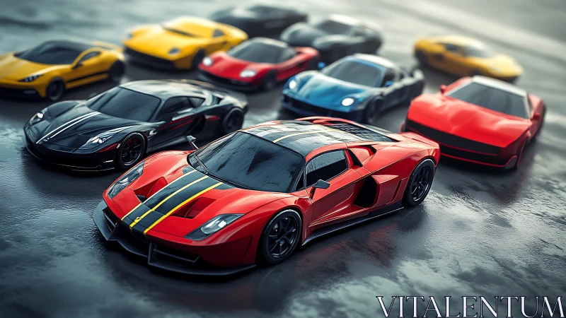 Photorealistic supercar grid on wet concrete surface focus.