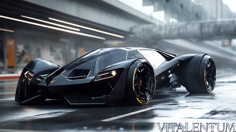 Futuristic hypercar with extreme wide-track stance on wet roadway