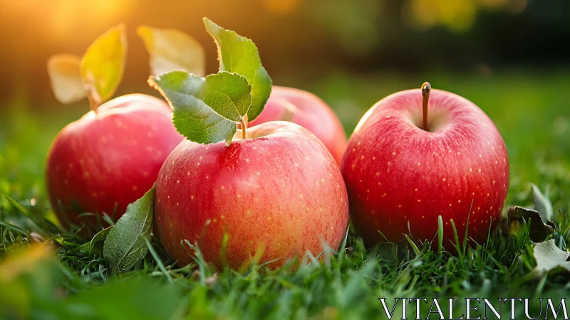 Sunlit garden apples glowing like jewels in soft grass.