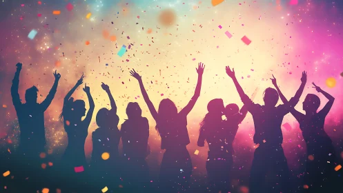 Silhouetted revelers dance beneath a confetti-tinted sky.