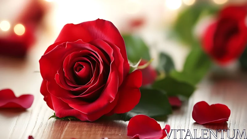 Red Rose Bloom on Wood with Scattered Petals.