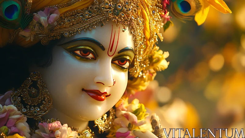 Detailed close-up shows ornate Hindu deity statue face