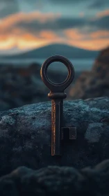 Weathered iron key silhouetted against dusk horizon.