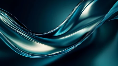 Fluid metallic wave abstract art with teal and silver tones.