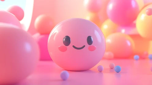 Soft-body pink sphere with kawaii face under glossy studio lighting