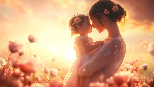 Woman and child in flower field with warm backlighting.
